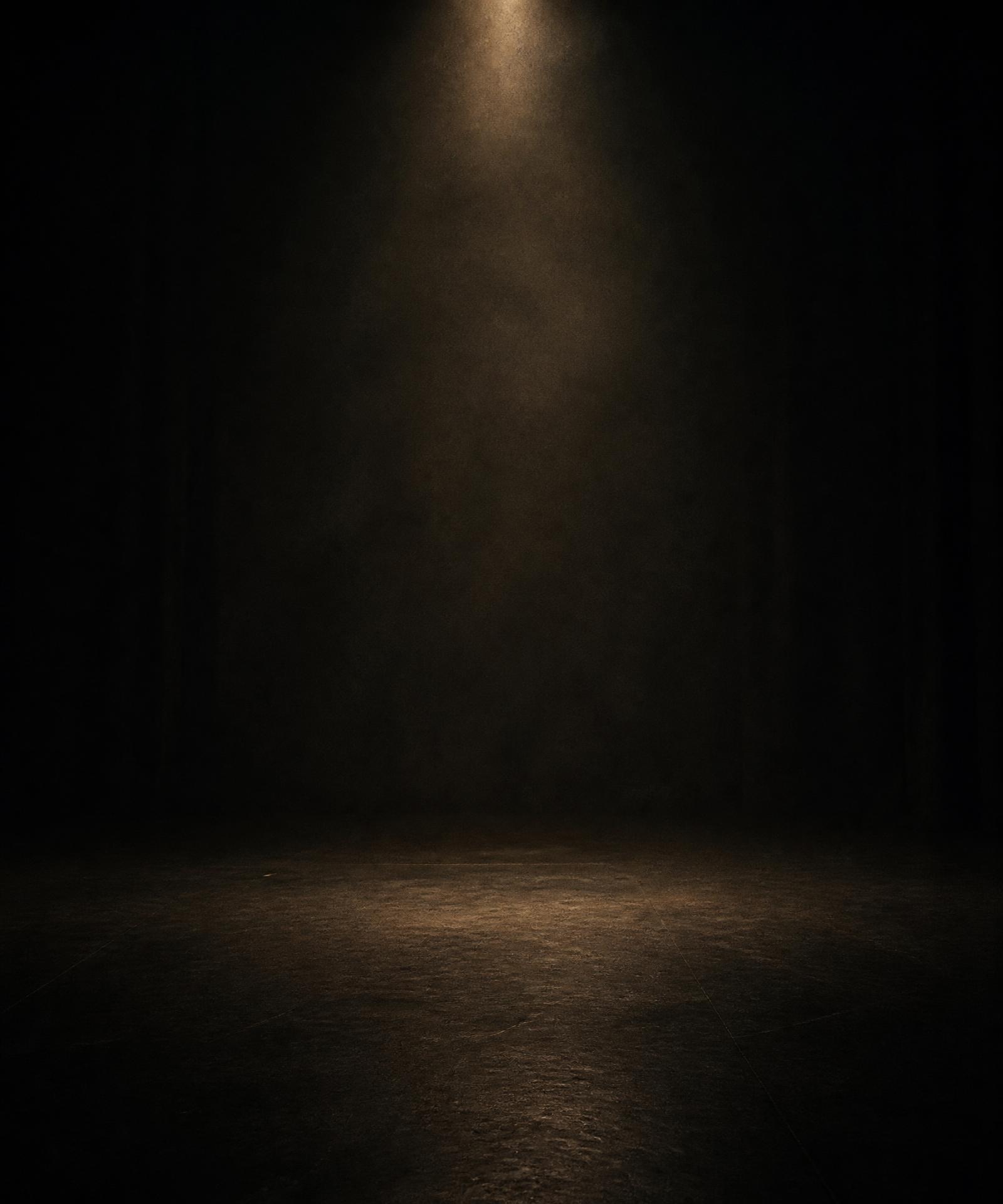Dimly lit theatre stage under a single warm spotlight